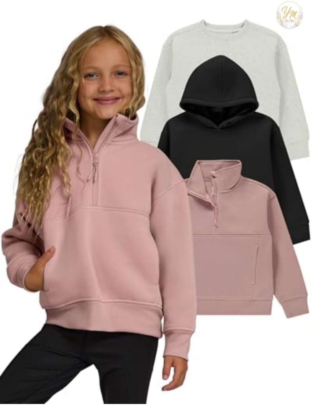3-Pack Girls Fleece Sweatshirts Hoodie Crewneck Quarter Zip Set